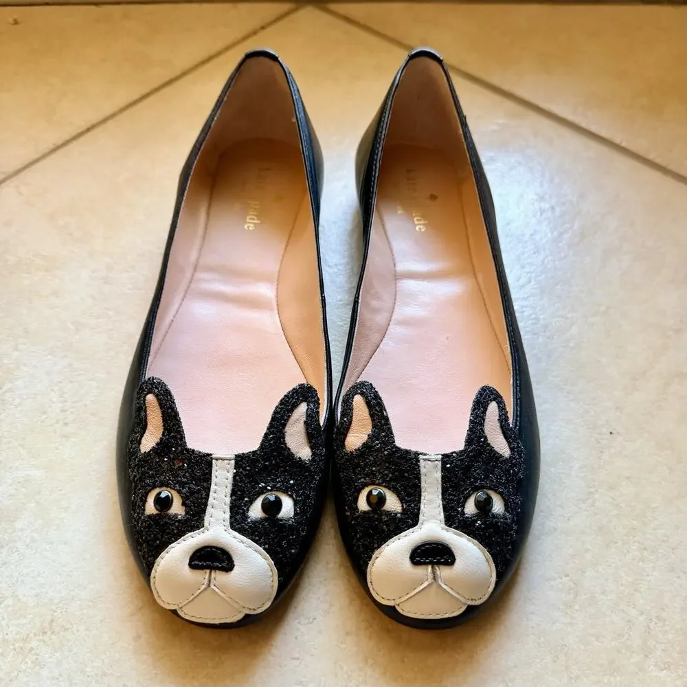 Kate Spade New York Boston Terrier Winthrop Black Leather Flats Womens 8 - Picture 1 of 13